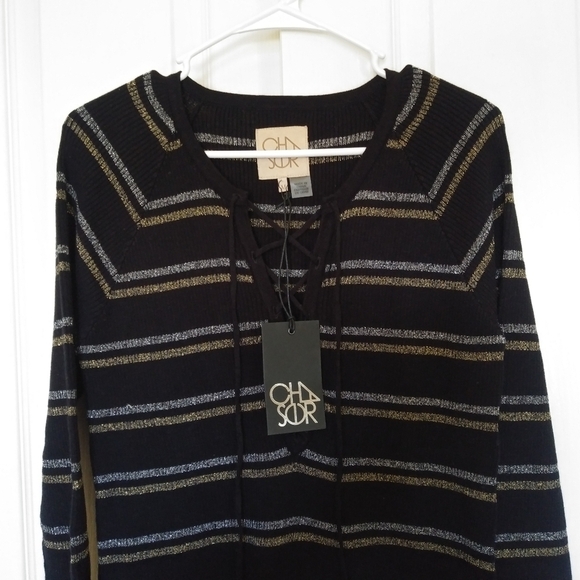 Chaser Striped Long Sleeve Sweater Top Size Medium Lace up Nwt - Picture 2 of 4